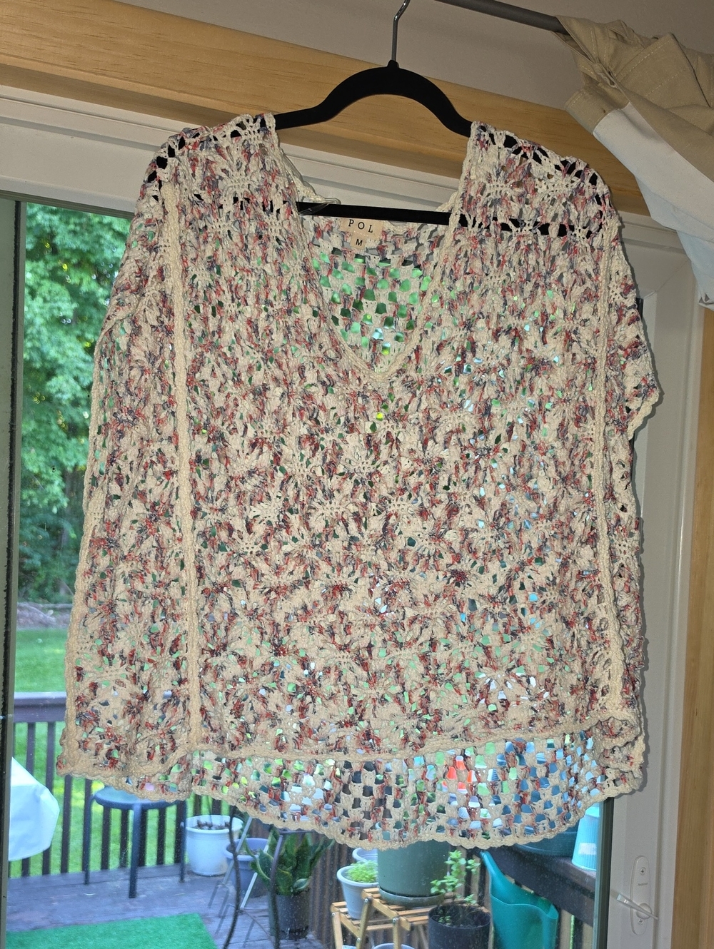 POL Cream Multicolor Crochet V-Neck Poncho Sweater